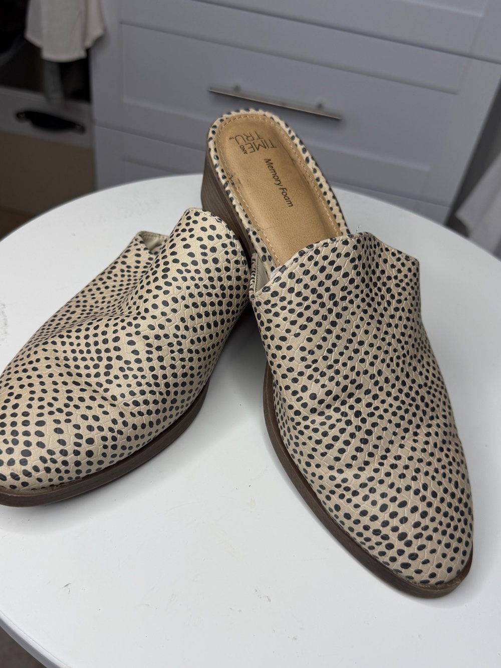 Time and tru Cream and Black Spotted Slip-On Mules